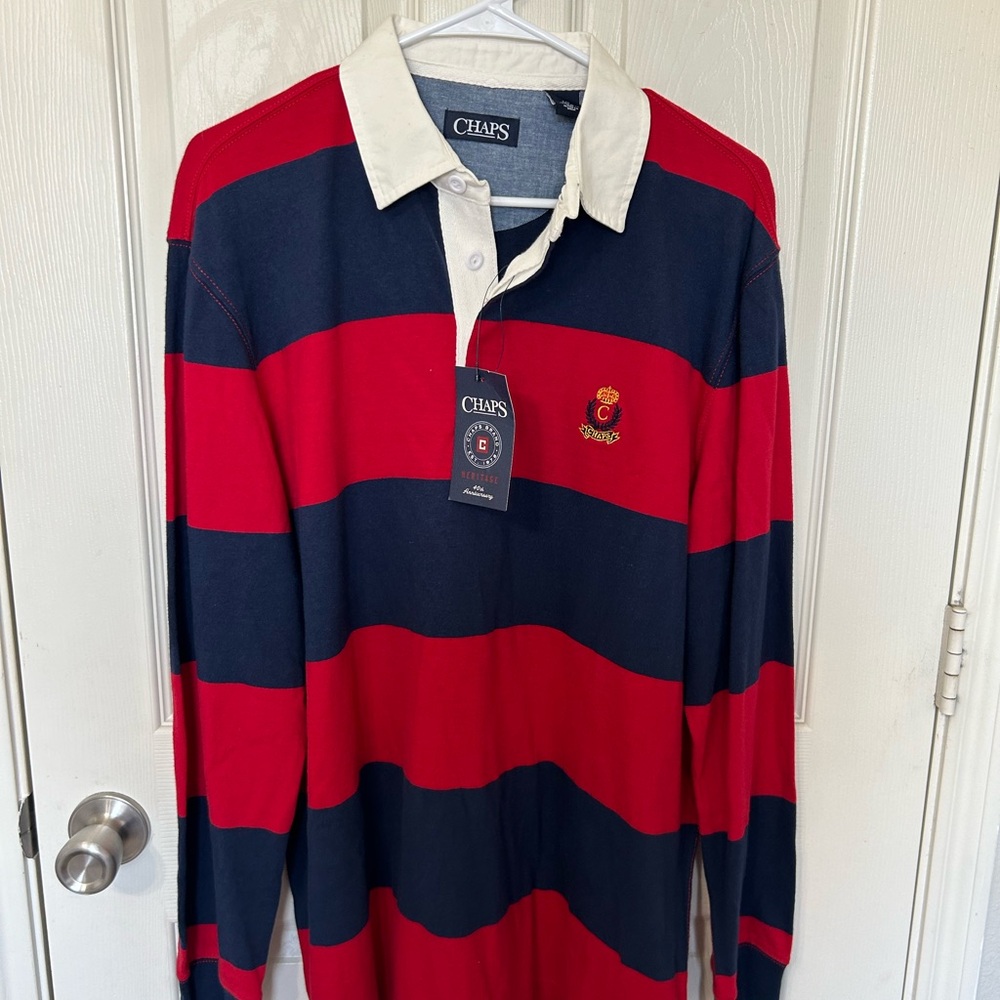 Chaps Men's Long Sleeve Red and Navy Striped Shirt